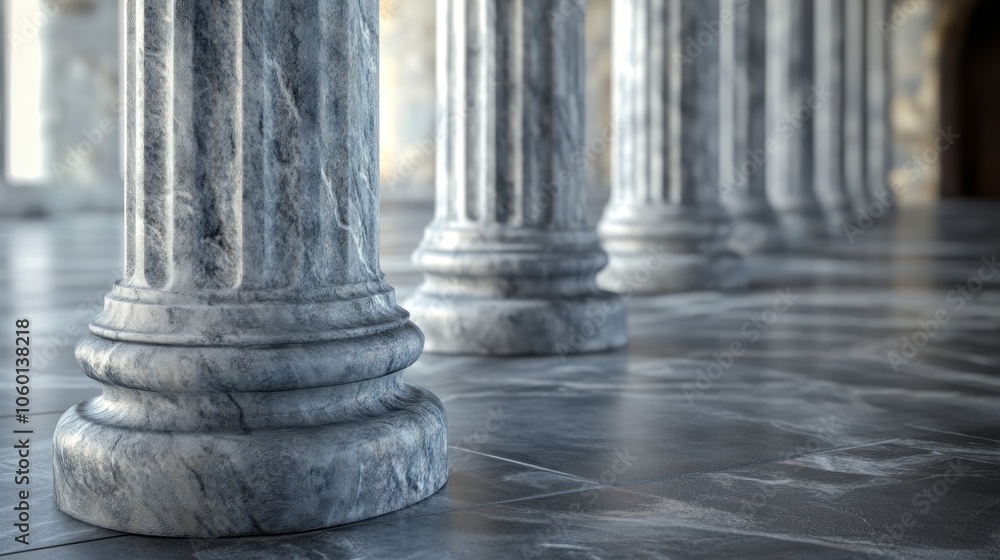 Poster a close-up view of ornate marble columns in a spacious hall.