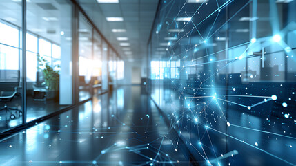 Creative digital blue circuit grid on blurry office interior background. Landing page concept. Technology, innovation and ai concept. Double exposure