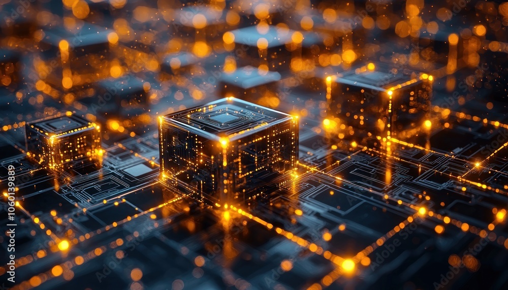 Poster Illuminated Cubes on a Circuit Board with Glowing Lines and Bokeh Lights