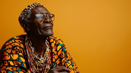 Obraz premium Full body shot of an elderly Kenyan man dressed in a traditional kanga and dashiki tribal costume posing peacefully on a plain sienna background with studio lighting