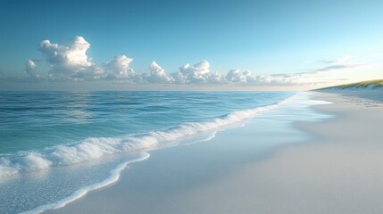 Fototapeta premium Serene beach landscape with gentle waves and clear blue sky.