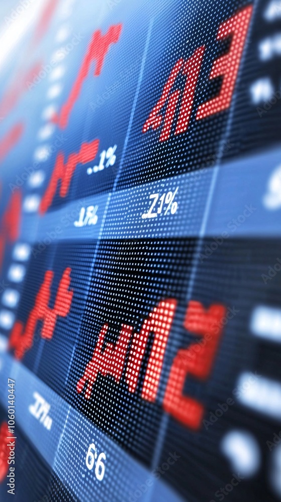 Poster a close-up view of a digital display showing stock price changes, with specific indicators on value 
