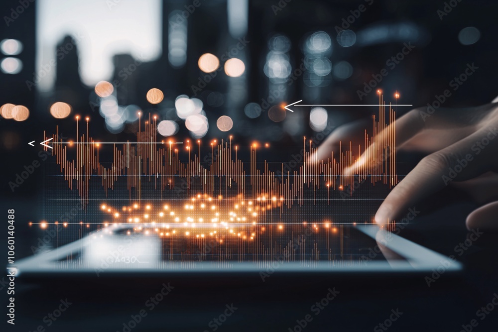 Poster a pair of hands analyzing a line chart on a tablet, with arrows pointing to sections on value and re