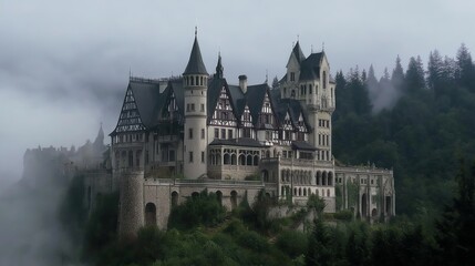 A grand medieval castle perched on a hilltop, surrounded by rolling fog and mist.