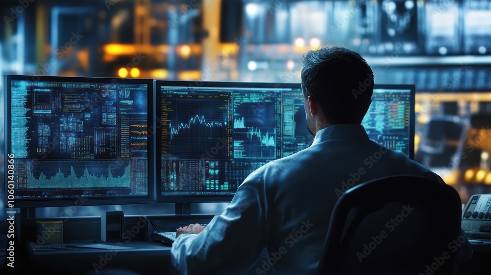 Poster a professional analyzing data on multiple screens in a high-tech environment.
