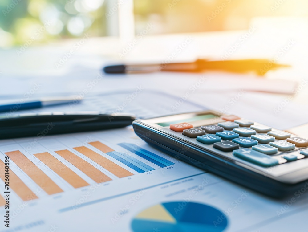 Poster a stack of reports and a calculator on a desk showcase a detailed breakdown of value and price metri
