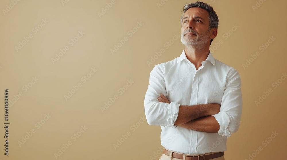 Poster portrait of a thoughtful middle aged man dressed in a crisp white button down shirt and slacks stand
