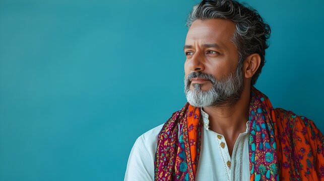 Serene portrait of a middle aged Indian man wearing a traditional kurta and vibrant printed scarf against a plain azure background conveying a sense of tranquility and cultural heritage - Powered by Adobe