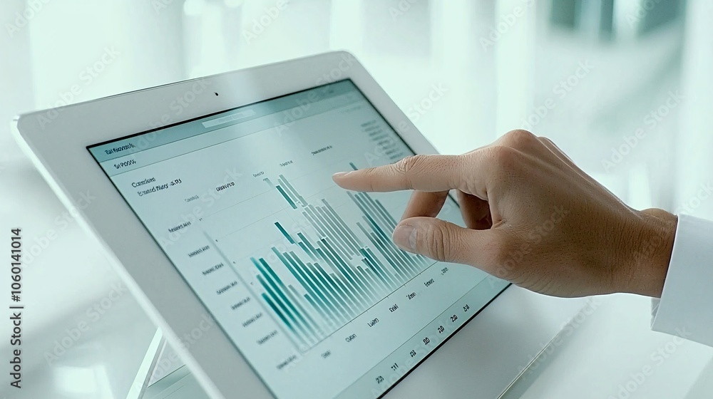 Poster a personâ€™s hand adjusting a bar graph on a tablet that shows comparisons between cost, price, and 