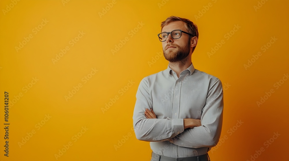 Poster full body portrait of a pensive finnish engineer dressed in a minimalist button down and slacks stan