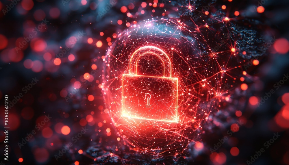 Poster glowing red padlock inside a network sphere