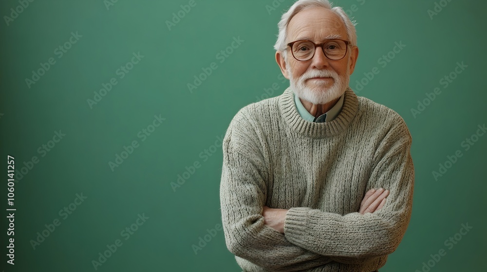 Poster portrait of a serene and content canadian retiree dressed in a cozy sweater and khakis posing in a p