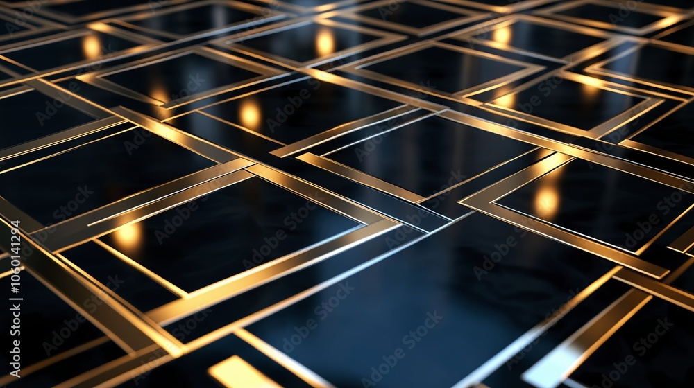 Poster a luxurious geometric pattern with metallic gold lines on a sleek black background.