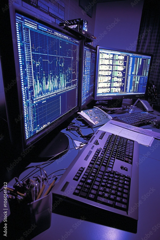 Poster an analystâ€™s desk setup with charts and spreadsheets, highlighting comparisons between cost and pr