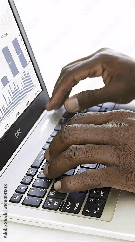 Poster a close-up of hands typing on a laptop keyboard with graphs showing cost-return analysis and price-v