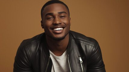 Obraz premium Portrait of African young man in stylish leather jacket posing on brown background