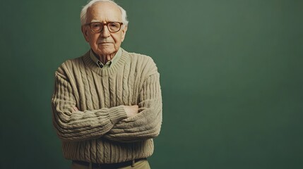 A full body shot of a serene Canadian retiree dressed in a cozy sweater and khakis with a peaceful and thoughtful expression on a plain green studio background