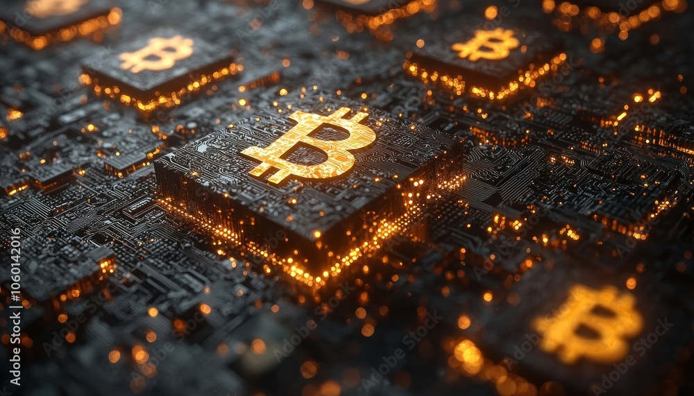 Poster Glowing Bitcoin Symbol on a Circuit Board