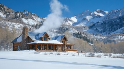 A cozy wooden cabin nestled in the snowy mountains, with a plume of smoke rising from the chimney, suggests warmth and comfort.