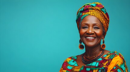 Obraz premium Full Body Portrait of a Confident and Cheerful Middle Aged Ghanaian Woman Wearing a Vibrant Traditional Kente Dress Against a Plain Azure Background in a Studio Setting