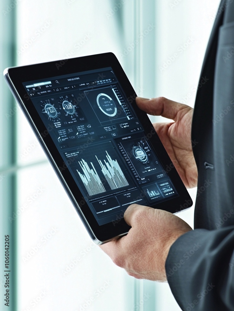 Poster a modern tablet showing financial analysis tools with a focus on value and cost metrics, set against