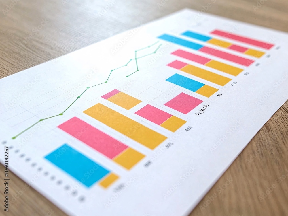 Poster a business report spread out on a table with specific indicators for price, cost, value, and return 