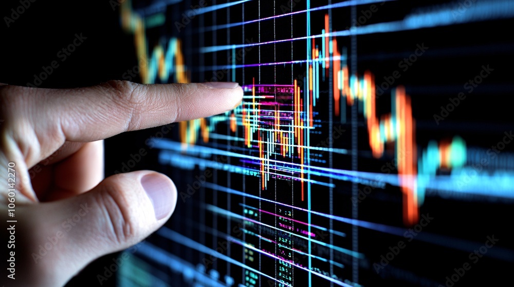 Poster a close-up of a hand pointing at a digital chart with sections focused on comparing value, price, an