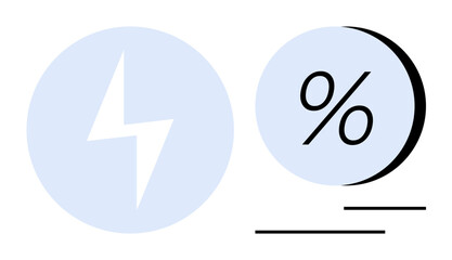 Lightning bolt inside blue circle next to a percentage symbol in another circle with horizontal lines. Ideal for energy efficiency, performance metrics, business growth, financial analysis, data