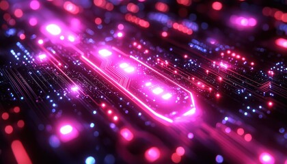 Illuminated Circuit Board with Neon Pink and Blue Lights