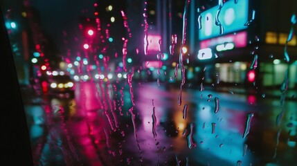 Obraz premium A moody scene with raindrops on glass, blurring out colorful city lights in the background. 