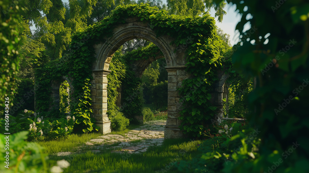 Aufkleber a rustic stone archway covered with lush green ivy and moss in an ancient garden