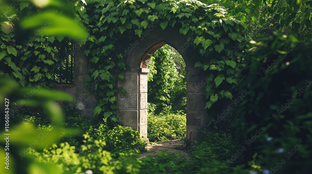 Poster a rustic stone archway covered with lush green ivy and moss in an ancient garden