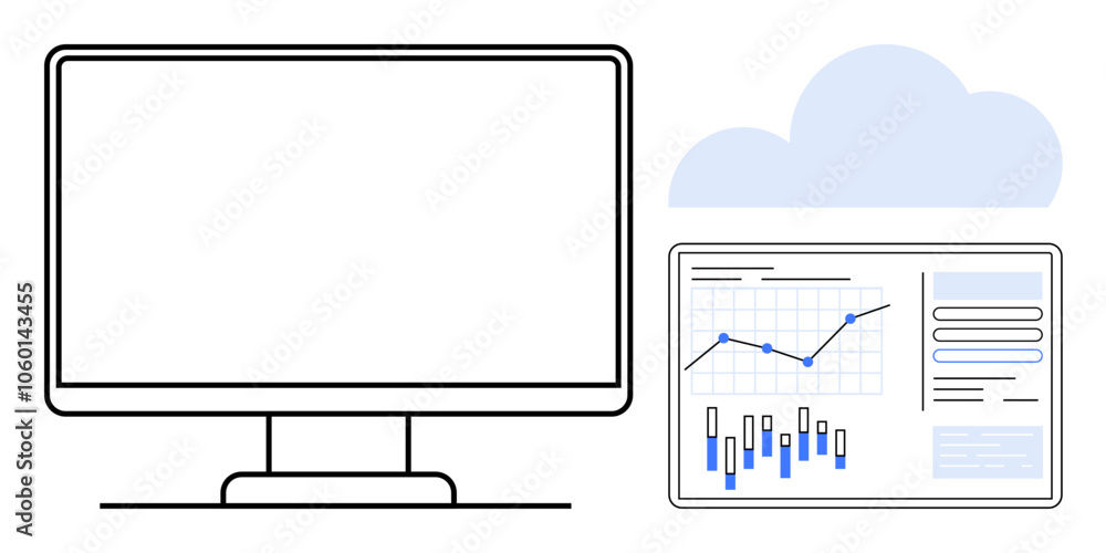 Poster computer monitor next to a data analysis screen with charts, bars, graphs, cloud symbols. ideal for 