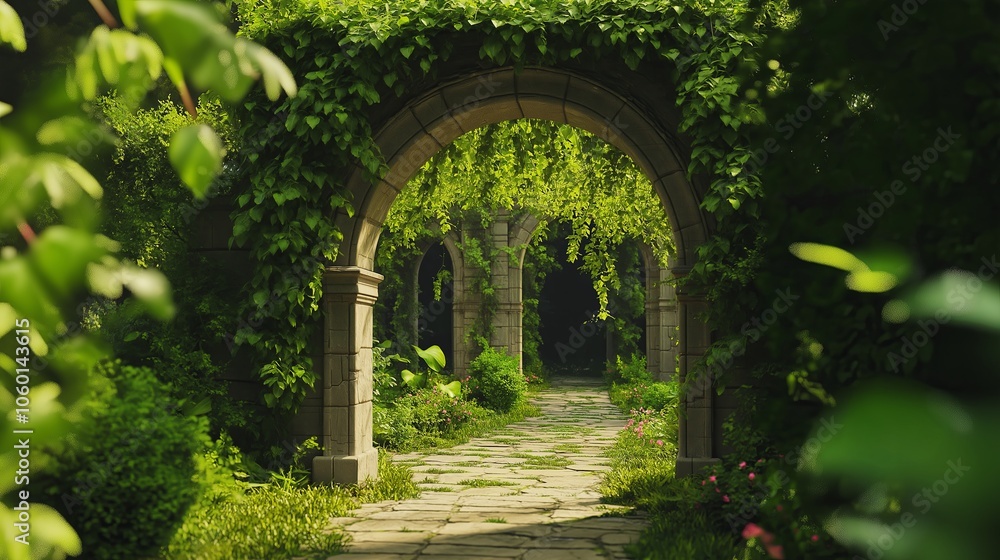 Poster a rustic stone archway covered with lush green ivy and moss in an ancient garden