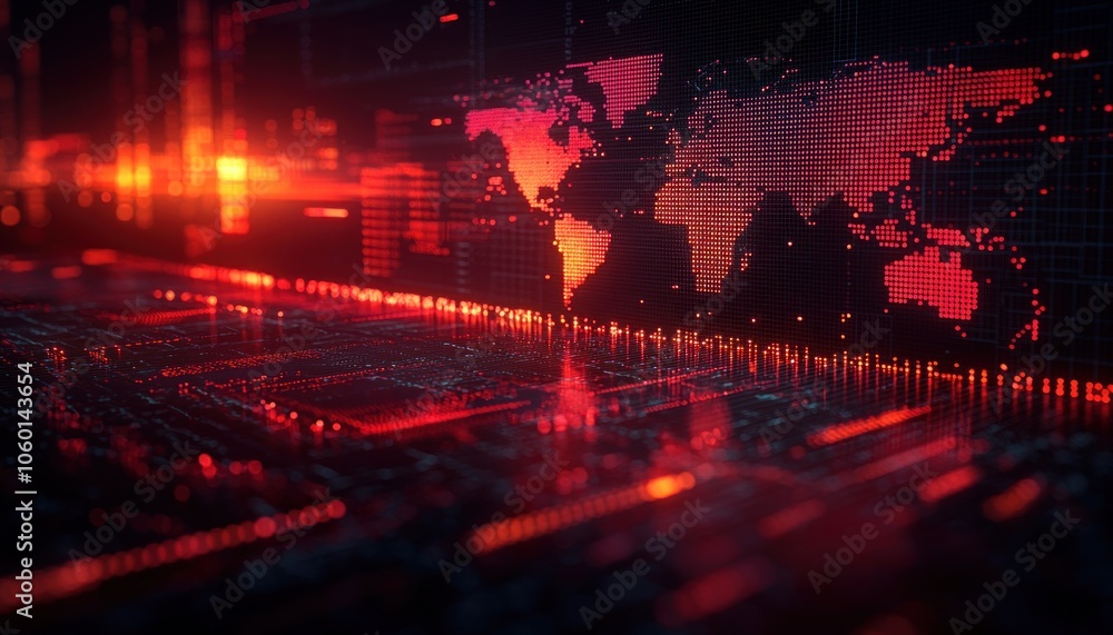 Poster red dot world map on a digital circuit board
