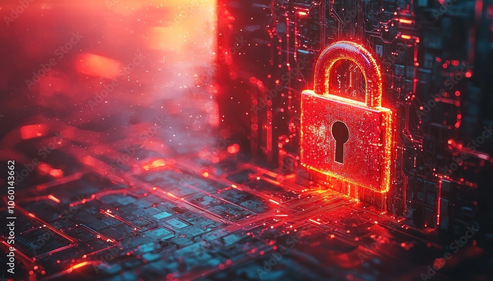 Poster glowing red padlock on a circuit board background