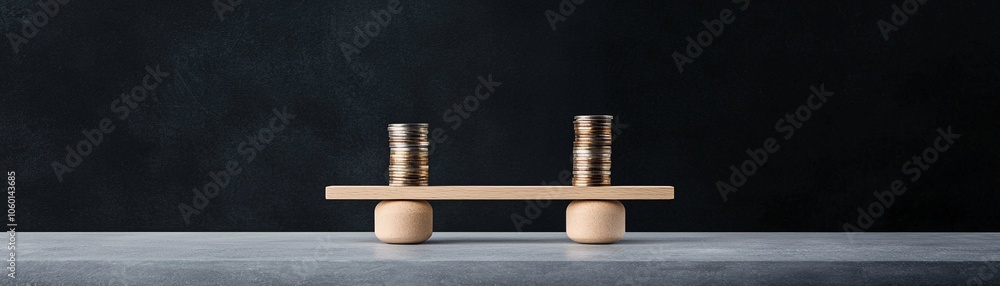 Poster a striking, minimalist image of a balance scale, with coins and product samples on either side, repr