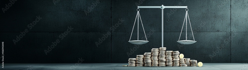 Poster a striking, minimalist image of a balance scale, with coins and product samples on either side, repr