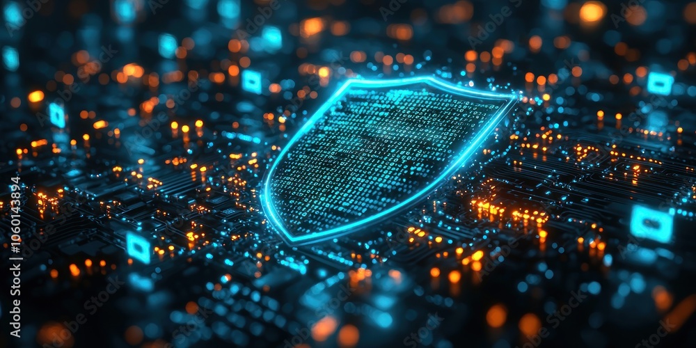 Poster A Glowing Blue Shield Emblazoned with Binary Code on a Circuit Board