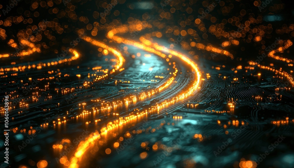 Poster Abstract Circuit Board with Glowing Orange Lines and Bokeh Lights