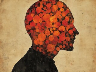 Silhouette of a human head filled with abstract orange circles.