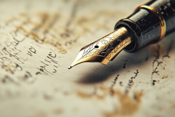 Fototapeta premium Finely detailed fountain pen writing with sharp focus on sepia paper, showcasing the elegance of handwriting and ink artistry