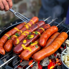 A variety of sausages grilling over hot coals, with vibrant mustard, relish, and sauerkraut on the side