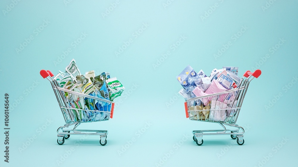 Poster a side-by-side layout of two shopping carts, one filled with high-cost items and the other with budg