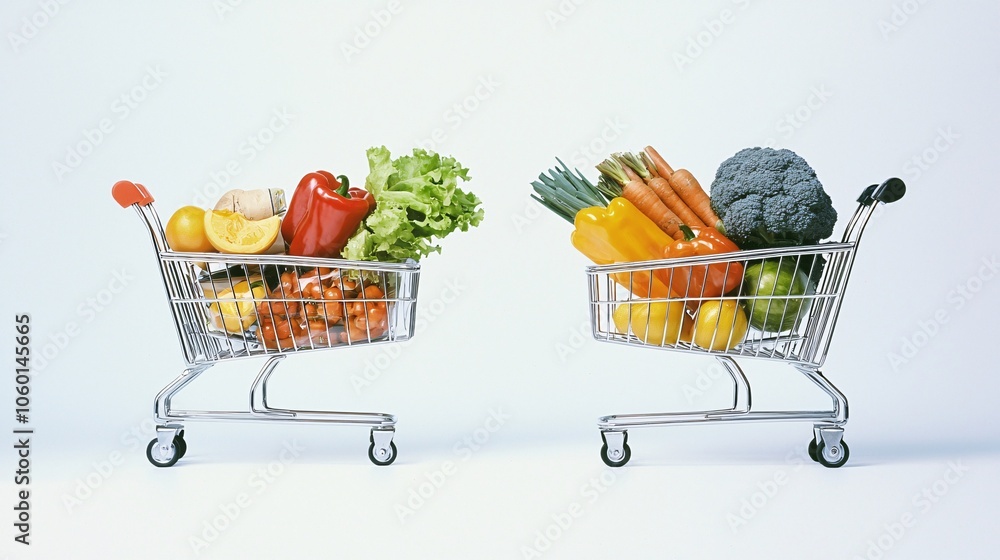 Poster a side-by-side layout of two shopping carts, one filled with high-cost items and the other with budg