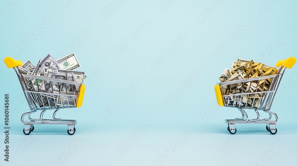 Poster a side-by-side layout of two shopping carts, one filled with high-cost items and the other with budg