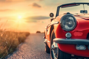 Retro red car stay on asphalt road at sunset