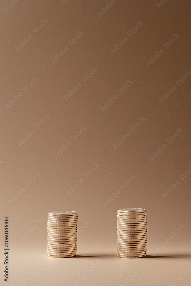 Poster a minimalist scene of two stacks of coins representing high and low costs, with labels indicating pr