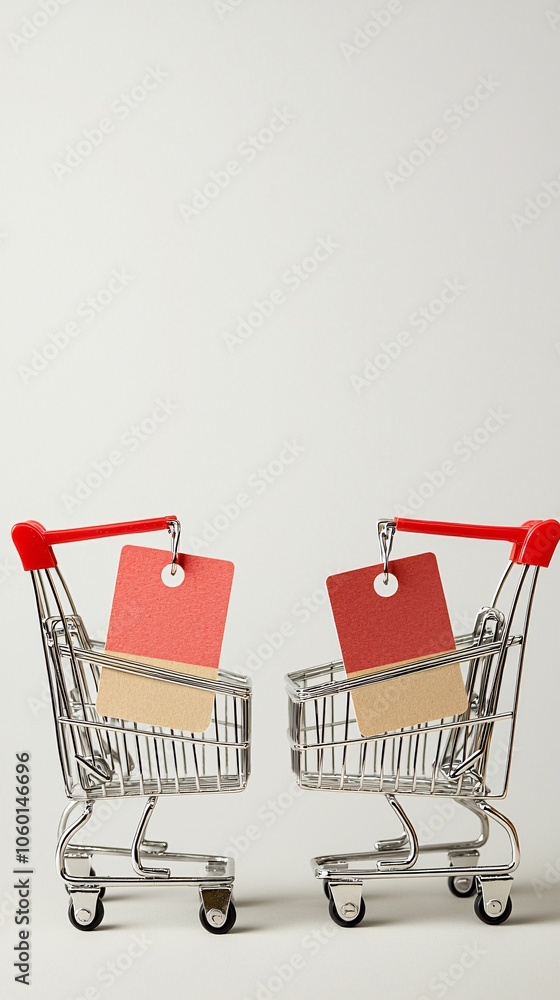 Poster two price tags attached to identical items, with one tag showing a premium price and the other a dis