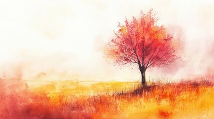 Fototapeta premium Abstract watercolor painting outdoor landscape. Semi abstract colorful red and yellow tree field summer meadow.
